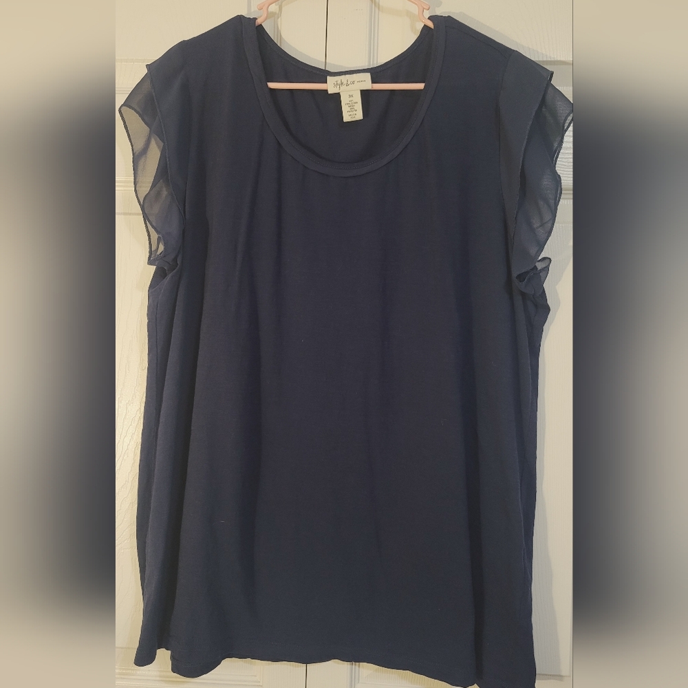Style & Co. Navy Blouse with Sheer Sleeves